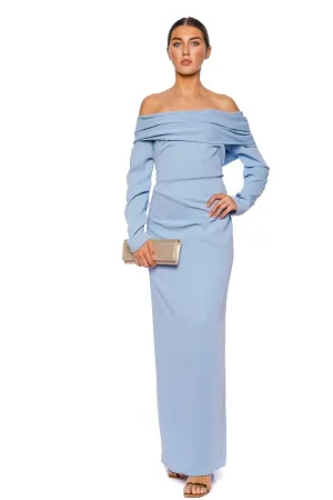 Blue Long Sleeve Draped Crepe Gown