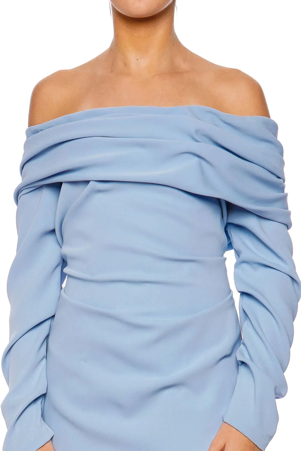 Blue Long Sleeve Draped Crepe Gown