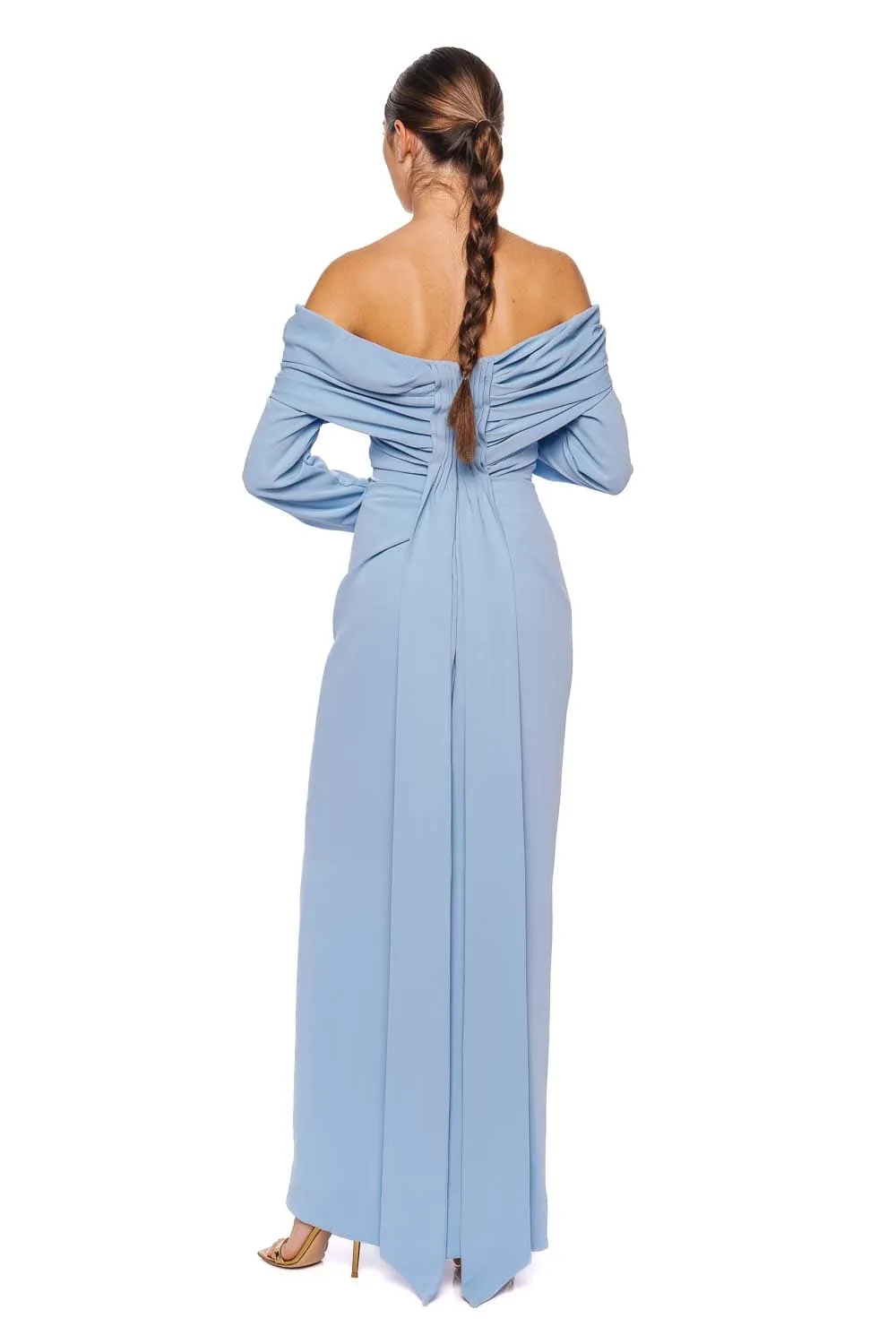 Blue Long Sleeve Draped Crepe Gown