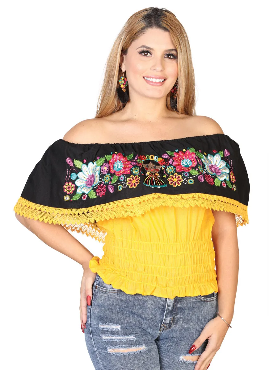 Blusa Artesanal de Olan Bordada de Flores y Muñeca Maria para Mujer