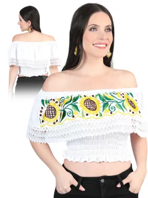 Blusa Corta Artesanal de Olan Bordada de Girasoles para Mujer