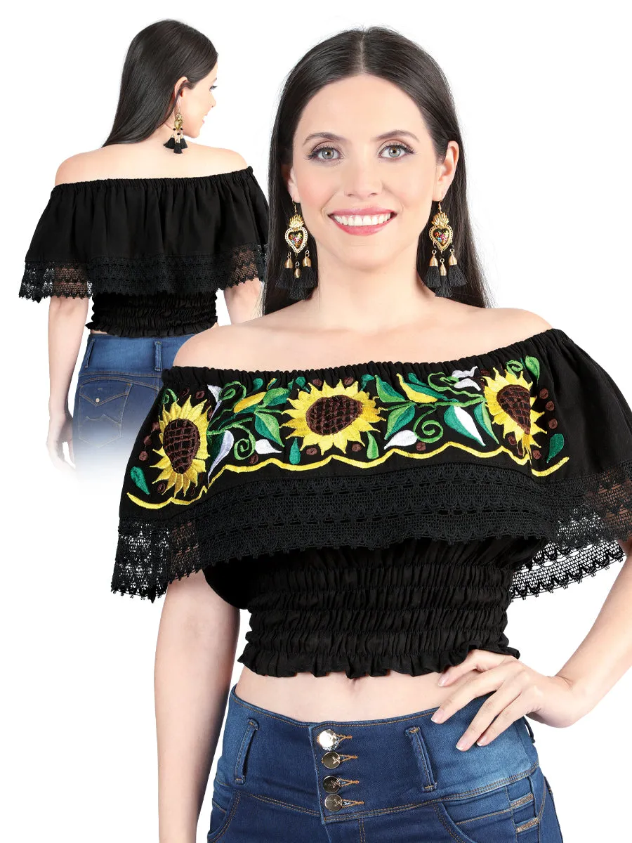 Blusa Corta Artesanal de Olan Bordada de Girasoles para Mujer