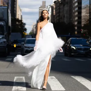 Bridal Off the shoulder silk long cape w. Ostrich Feathers