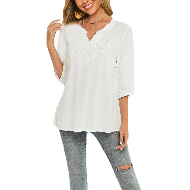 Buddha Stones Casual Solid Color Embroidery Flower Three Quarter Sleeve V-Neck Cotton Women's T-Shirt