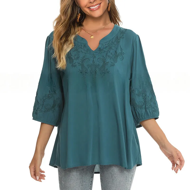 Buddha Stones Casual Solid Color Embroidery Flower Three Quarter Sleeve V-Neck Cotton Women's T-Shirt