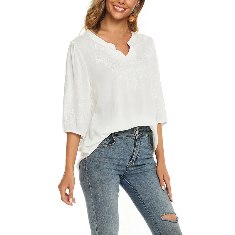 Buddha Stones Casual Solid Color Embroidery Flower Three Quarter Sleeve V-Neck Cotton Women's T-Shirt