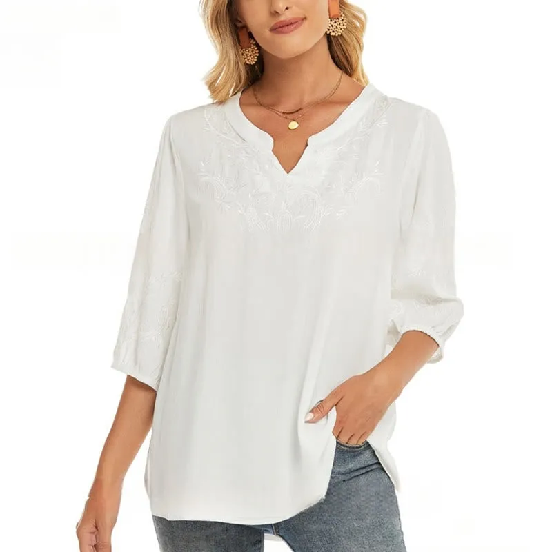 Buddha Stones Casual Solid Color Embroidery Flower Three Quarter Sleeve V-Neck Cotton Women's T-Shirt