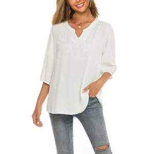 Buddha Stones Casual Solid Color Embroidery Flower Three Quarter Sleeve V-Neck Cotton Women's T-Shirt