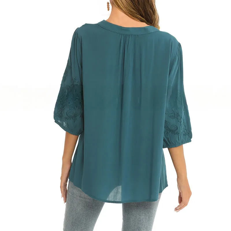 Buddha Stones Casual Solid Color Embroidery Flower Three Quarter Sleeve V-Neck Cotton Women's T-Shirt