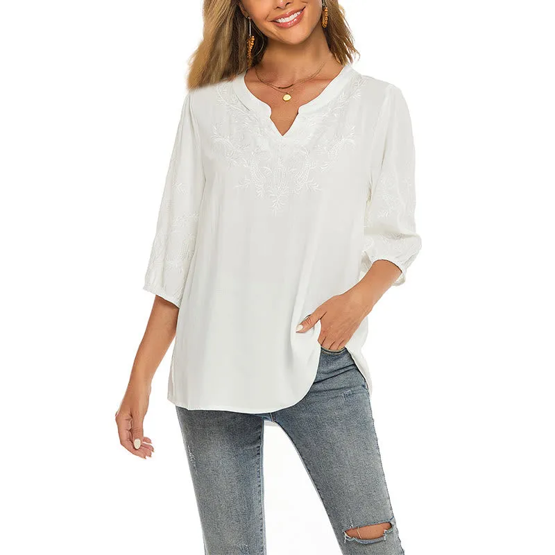 Buddha Stones Casual Solid Color Embroidery Flower Three Quarter Sleeve V-Neck Cotton Women's T-Shirt