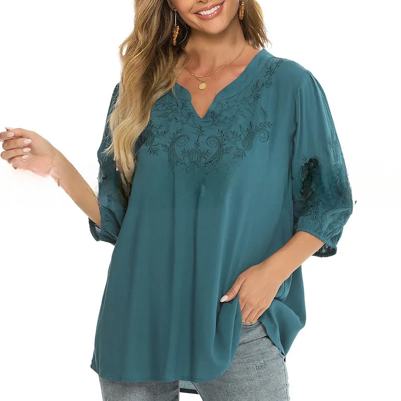 Buddha Stones Casual Solid Color Embroidery Flower Three Quarter Sleeve V-Neck Cotton Women's T-Shirt