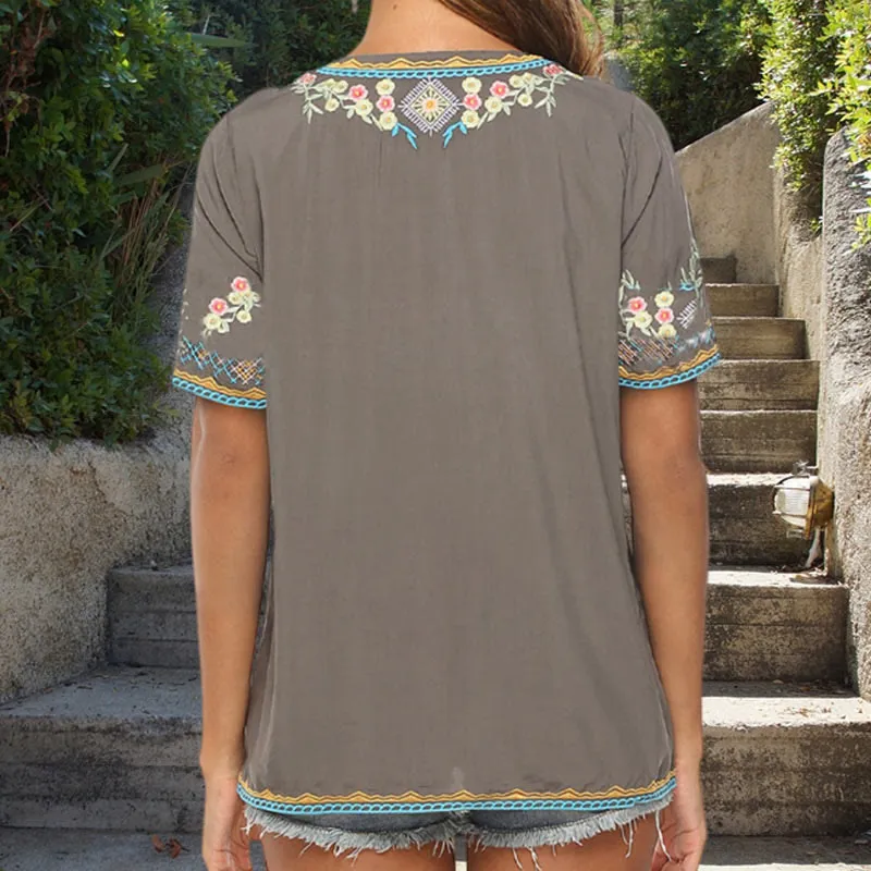 Buddha Stones Embroidery Flower Design Short Sleeve V-neck Cotton Women's T-Shirt