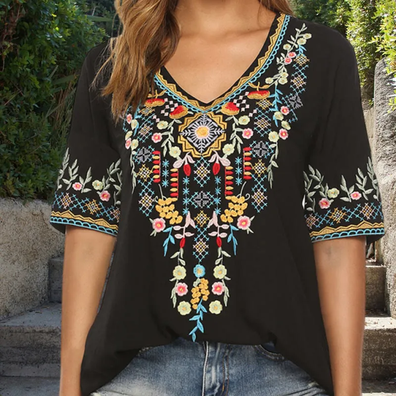 Buddha Stones Embroidery Flower Design Short Sleeve V-neck Cotton Women's T-Shirt