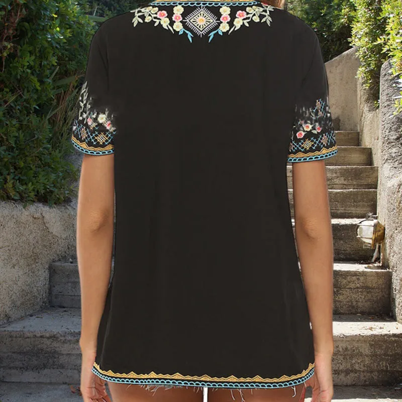 Buddha Stones Embroidery Flower Design Short Sleeve V-neck Cotton Women's T-Shirt