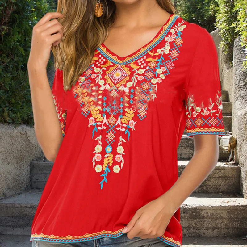 Buddha Stones Embroidery Flower Design Short Sleeve V-neck Cotton Women's T-Shirt