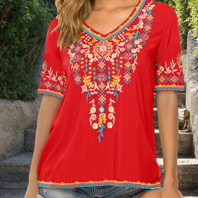 Buddha Stones Embroidery Flower Design Short Sleeve V-neck Cotton Women's T-Shirt