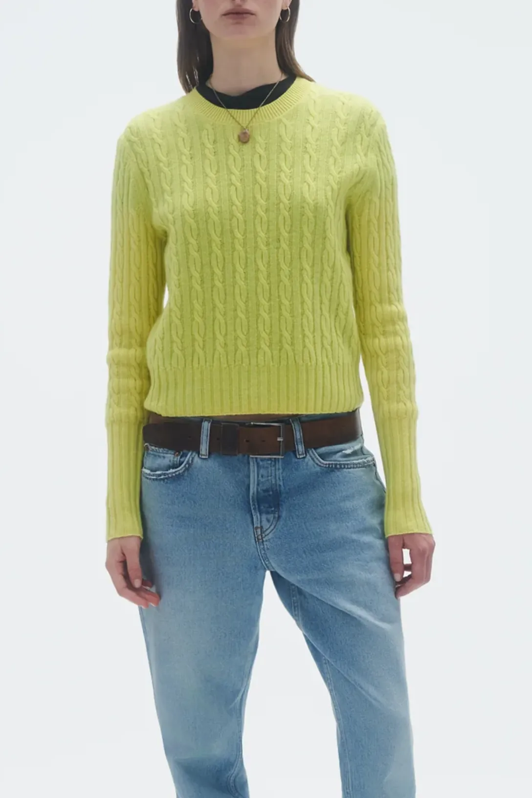 Cable Shrunken Crew In Cashmere | Lemon