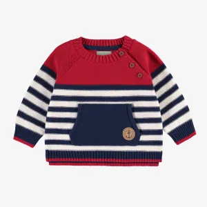 Chandail de tricot rouge et bleu à rayures, bébé || Red and blue striped knitted sweater, baby