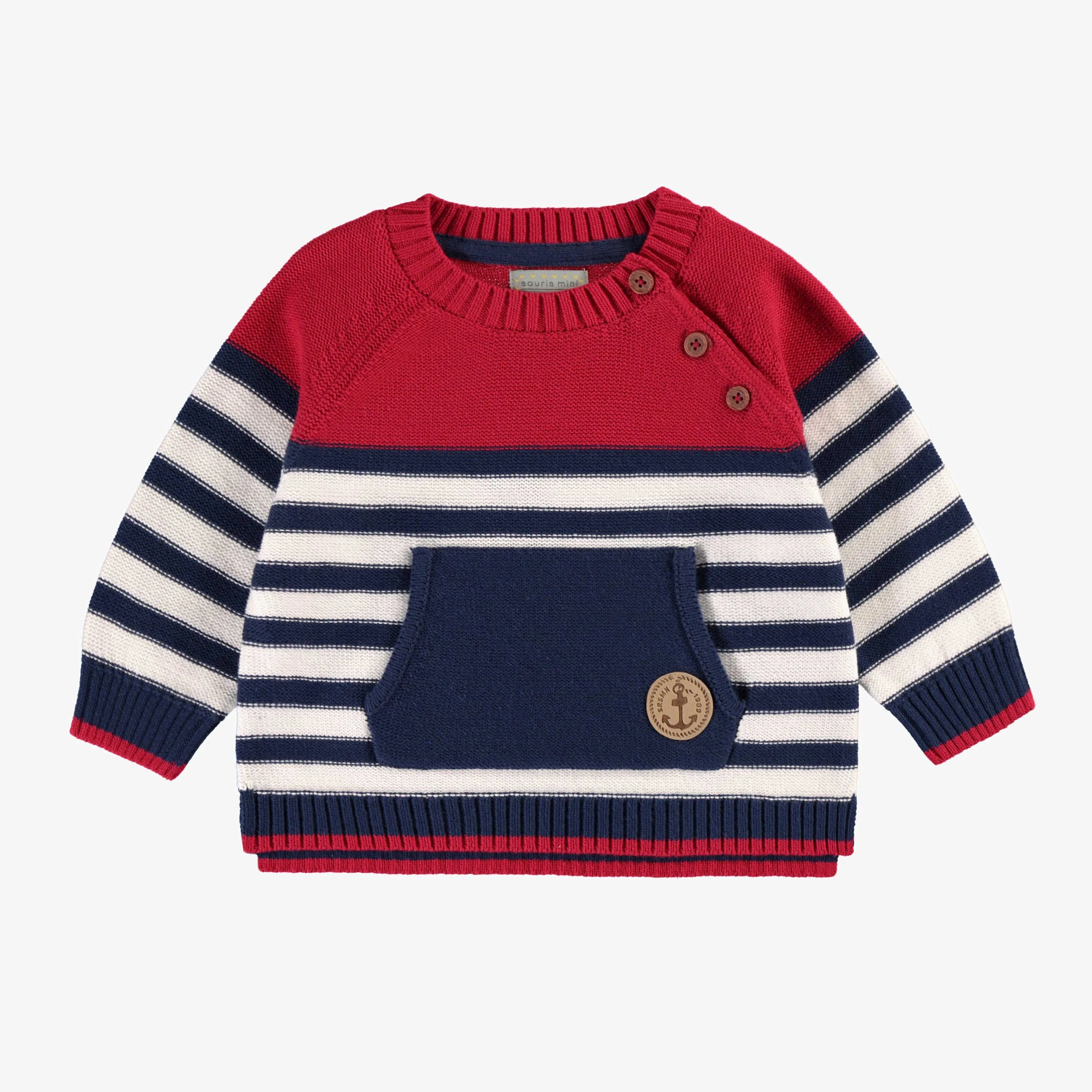 Chandail de tricot rouge et bleu à rayures, bébé || Red and blue striped knitted sweater, baby