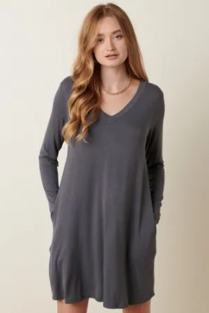 Charcoal Bamboo V Neck L/S Dress