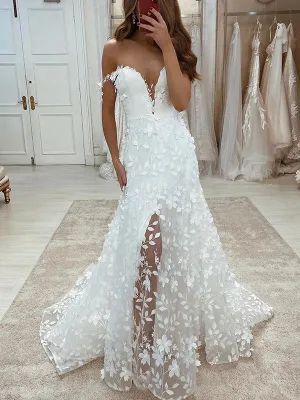 Charming Off the Shoulder A-line Lace Beach Long Wedding Dresses With Slit OK1928