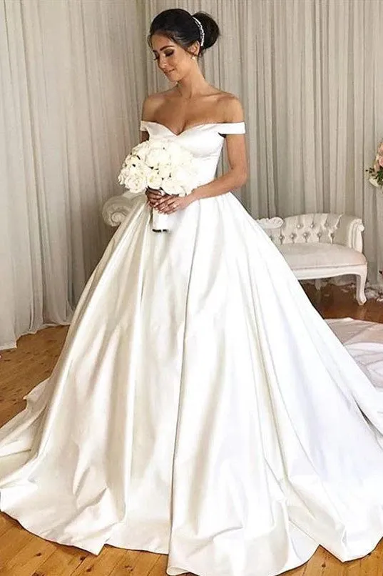 Charming Simple Style Satin Ball Gown Wedding Dress Modest Bridal Dress OKD98