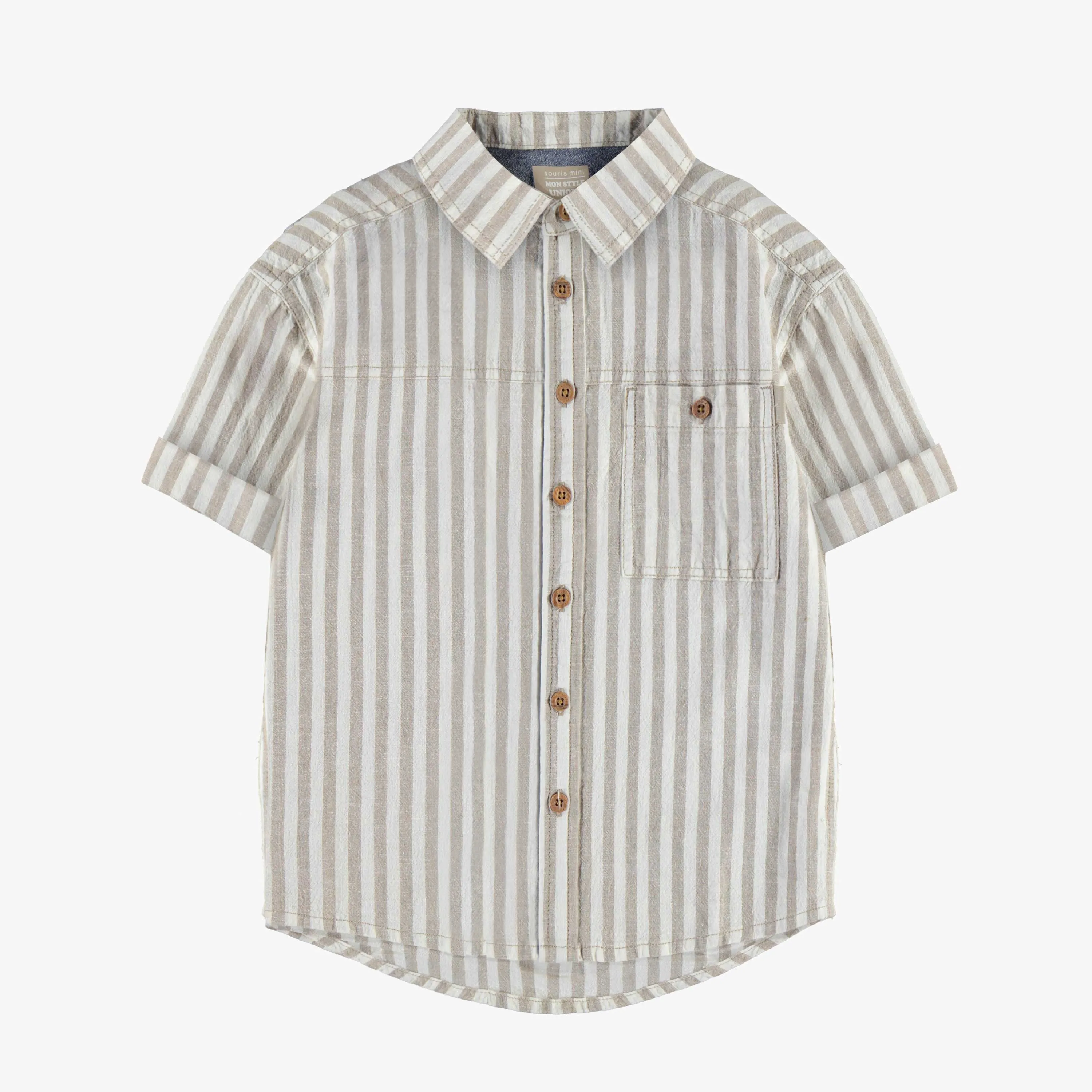 Chemise blanche et beige lignée à manches courtes en coton léger, enfant || White and beige striped shirt with short sleeves in soft cotton, child
