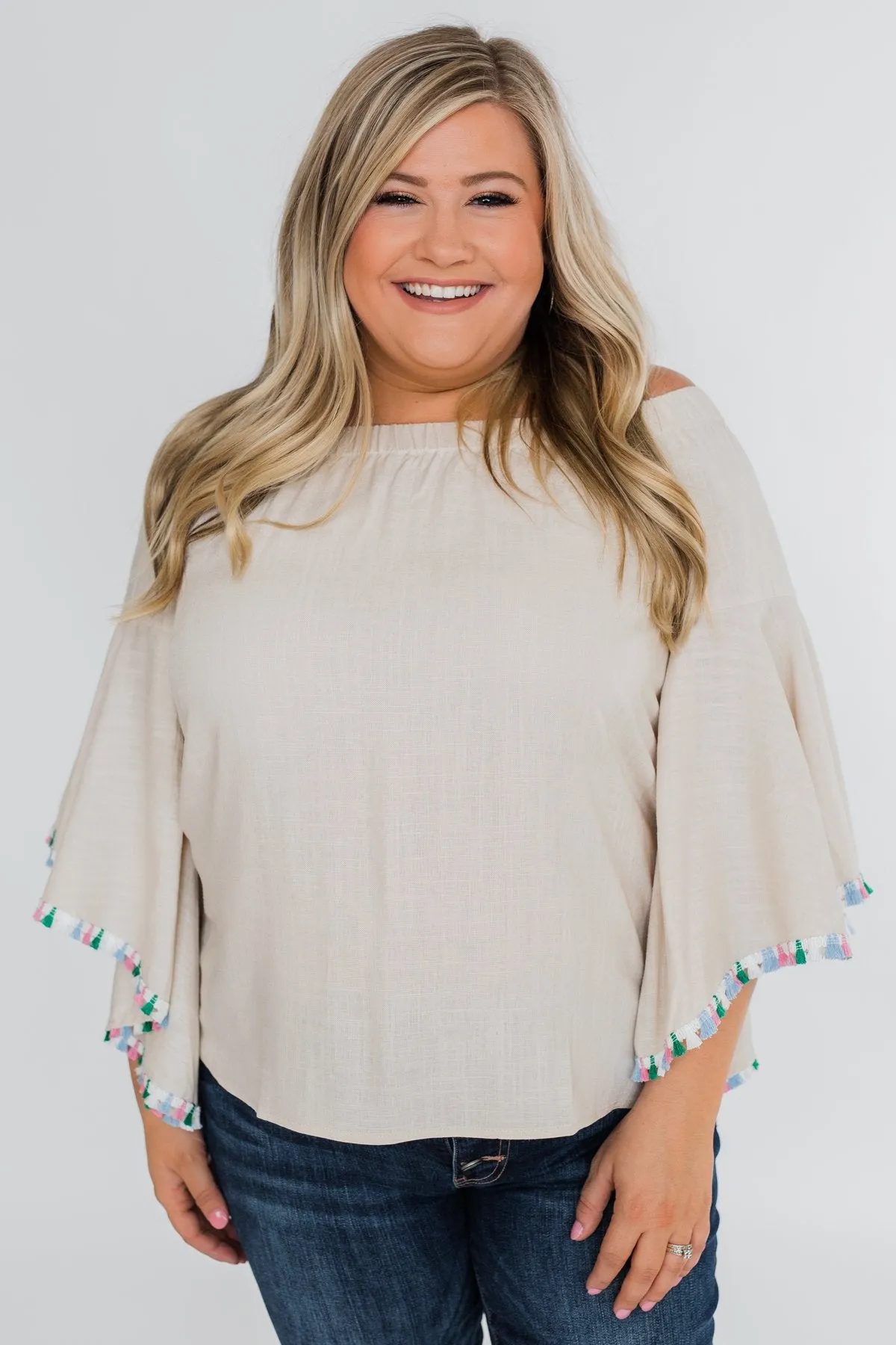 Come A Little Closer Off the Shoulder Top- Light Tan