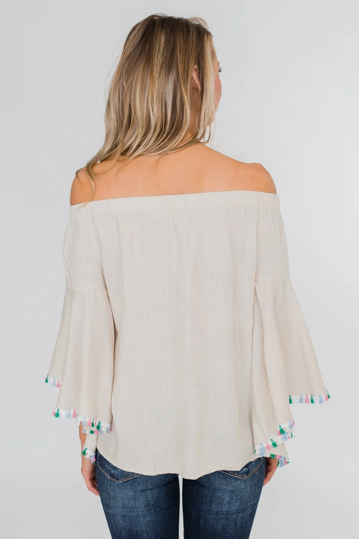 Come A Little Closer Off the Shoulder Top- Light Tan