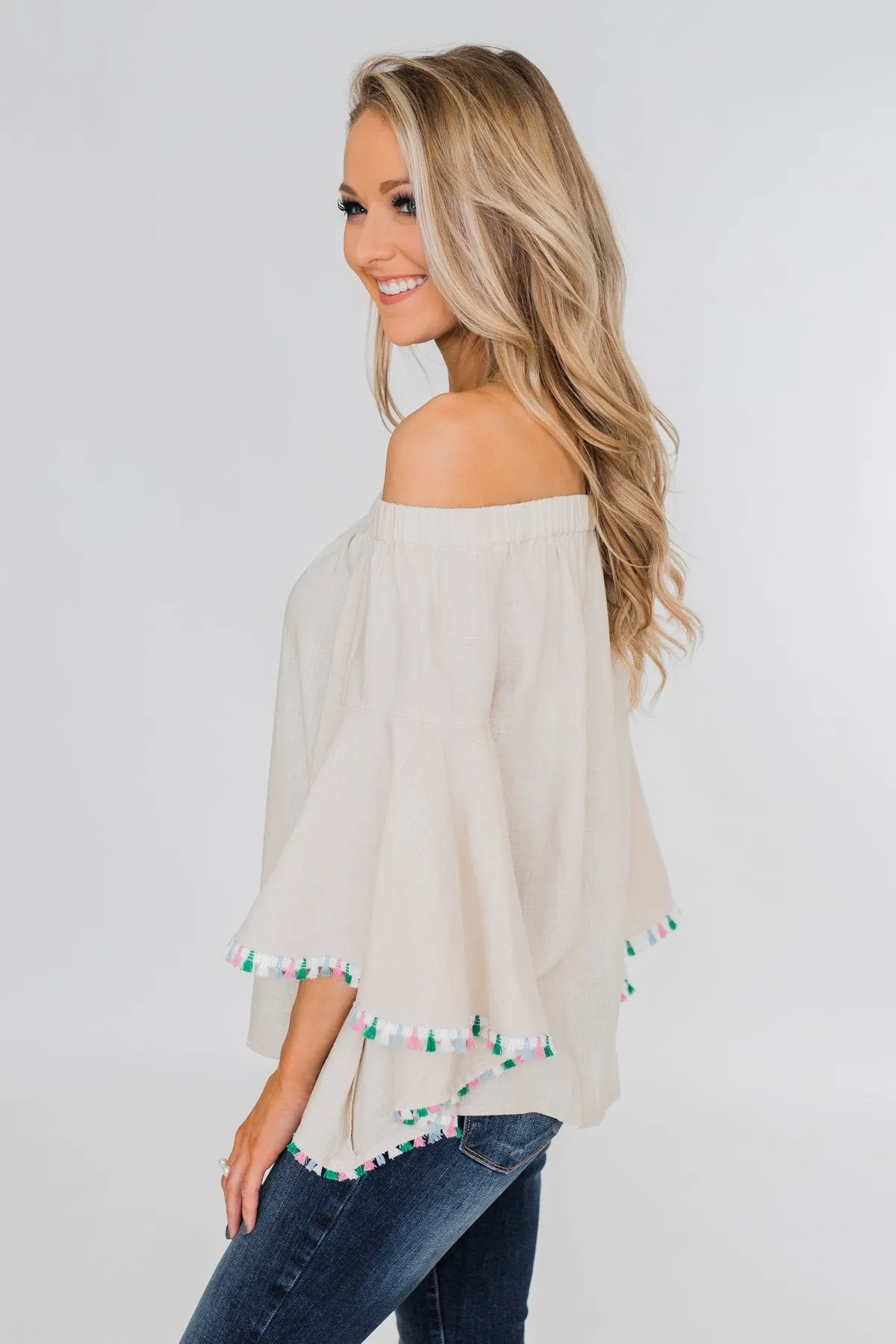 Come A Little Closer Off the Shoulder Top- Light Tan