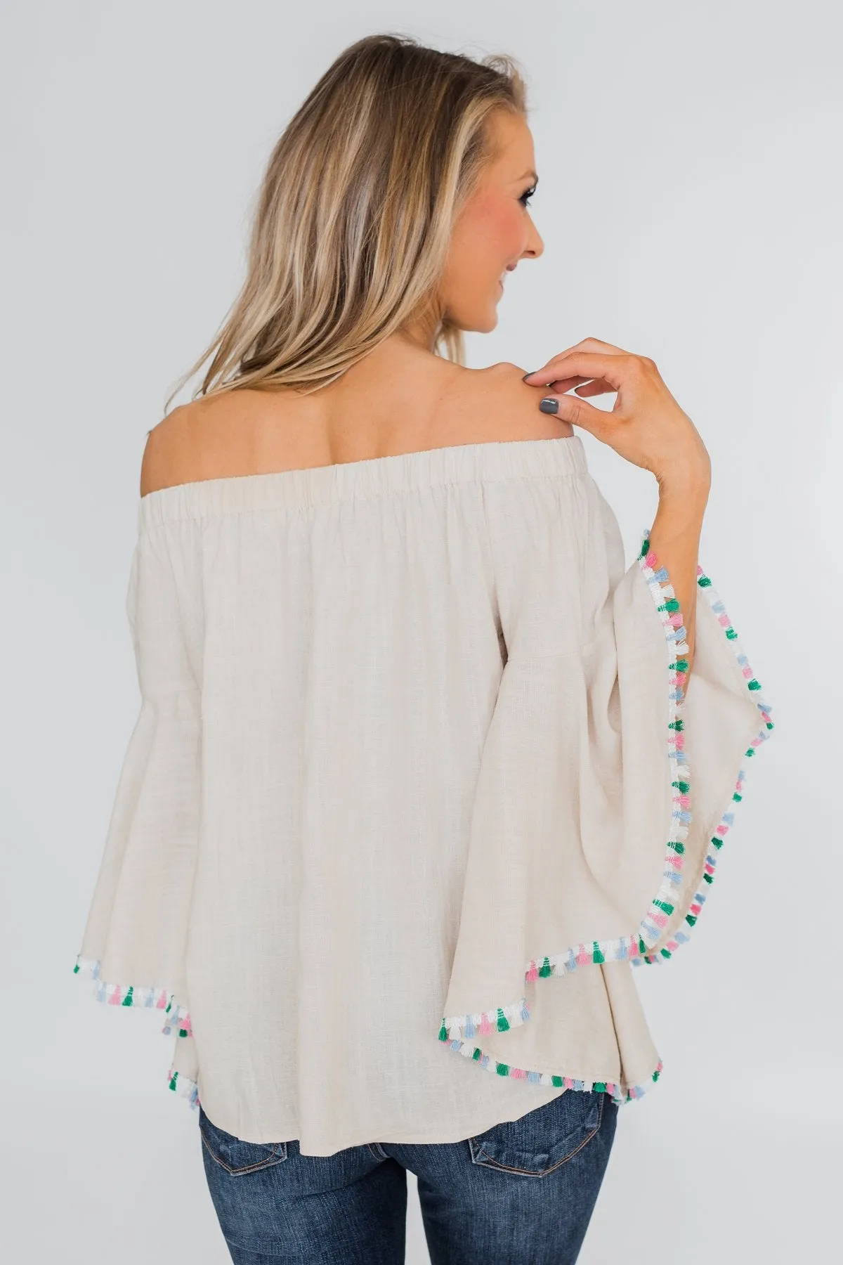 Come A Little Closer Off the Shoulder Top- Light Tan