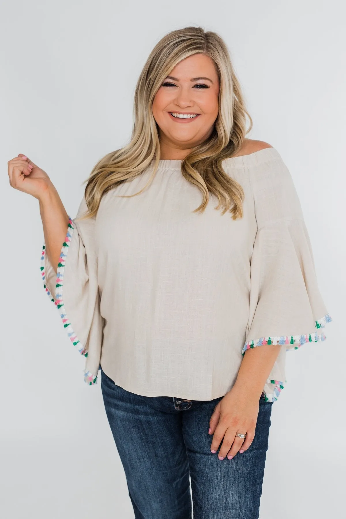 Come A Little Closer Off the Shoulder Top- Light Tan