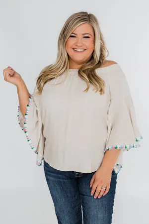 Come A Little Closer Off the Shoulder Top- Light Tan