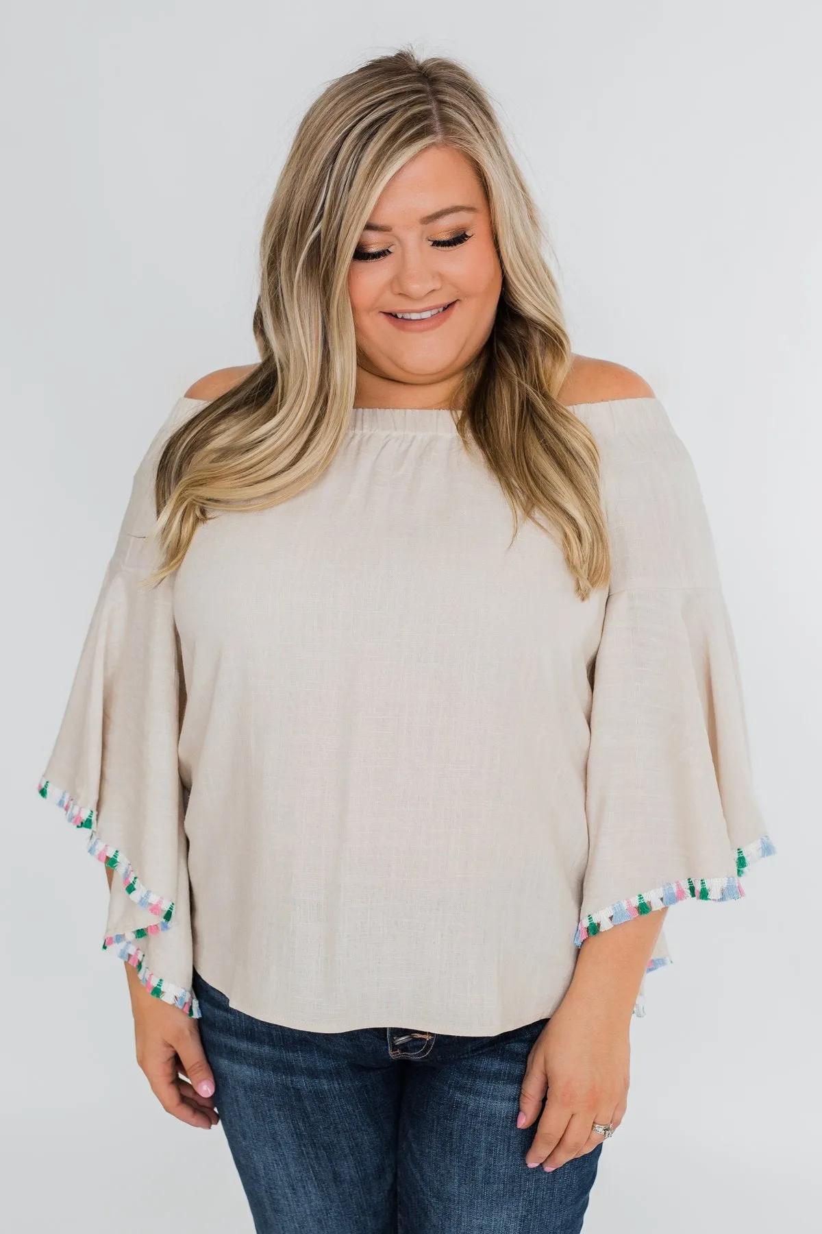 Come A Little Closer Off the Shoulder Top- Light Tan