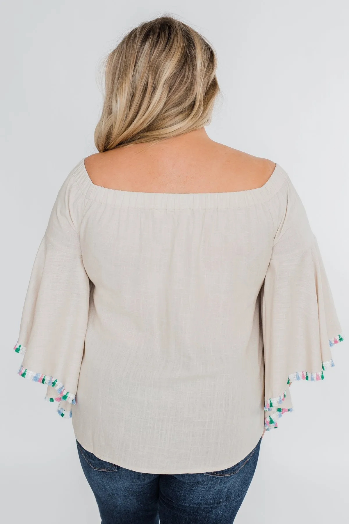Come A Little Closer Off the Shoulder Top- Light Tan
