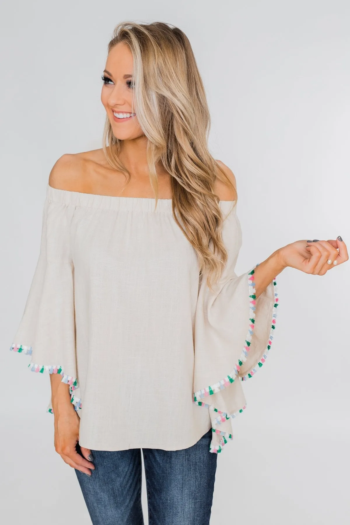 Come A Little Closer Off the Shoulder Top- Light Tan