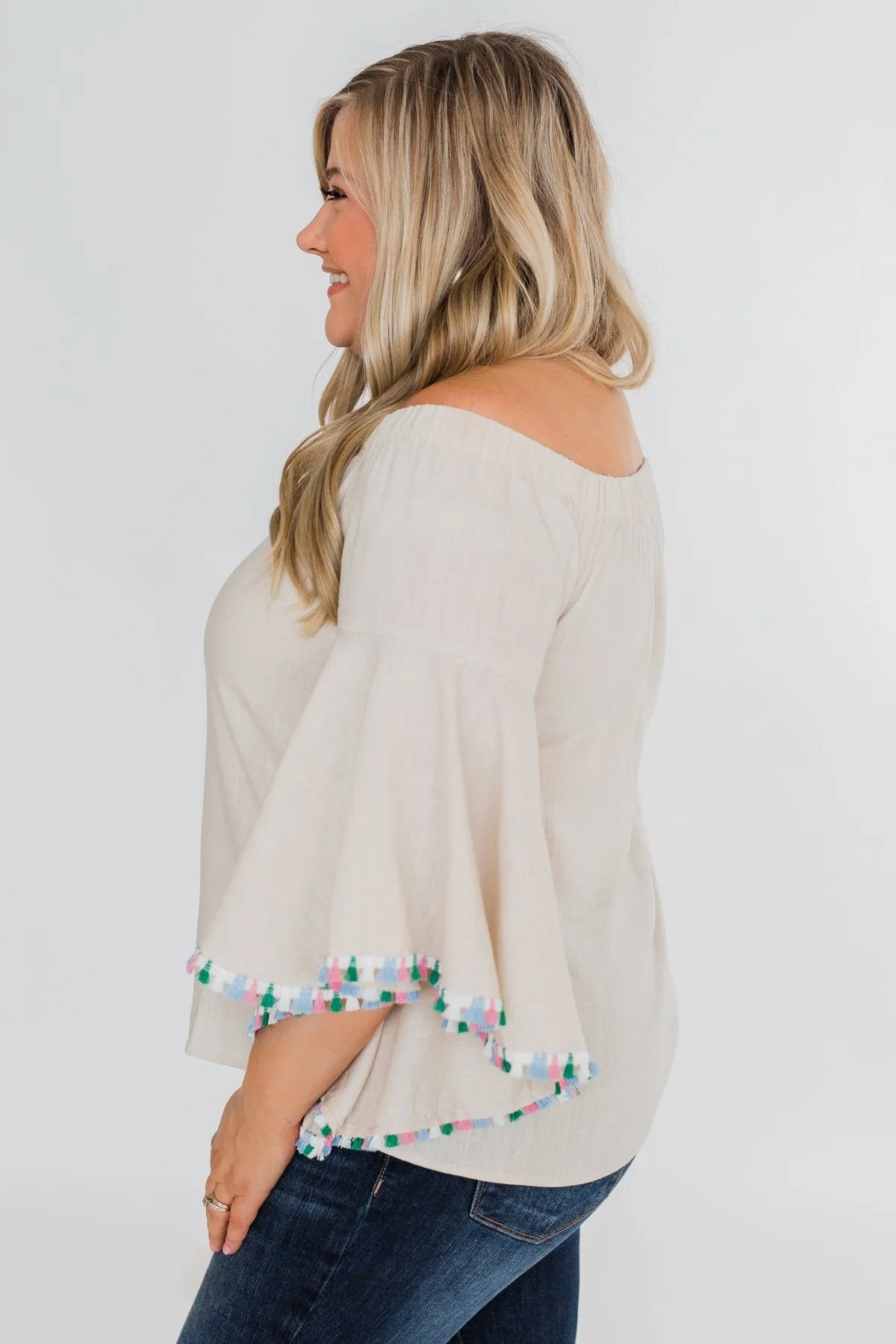 Come A Little Closer Off the Shoulder Top- Light Tan