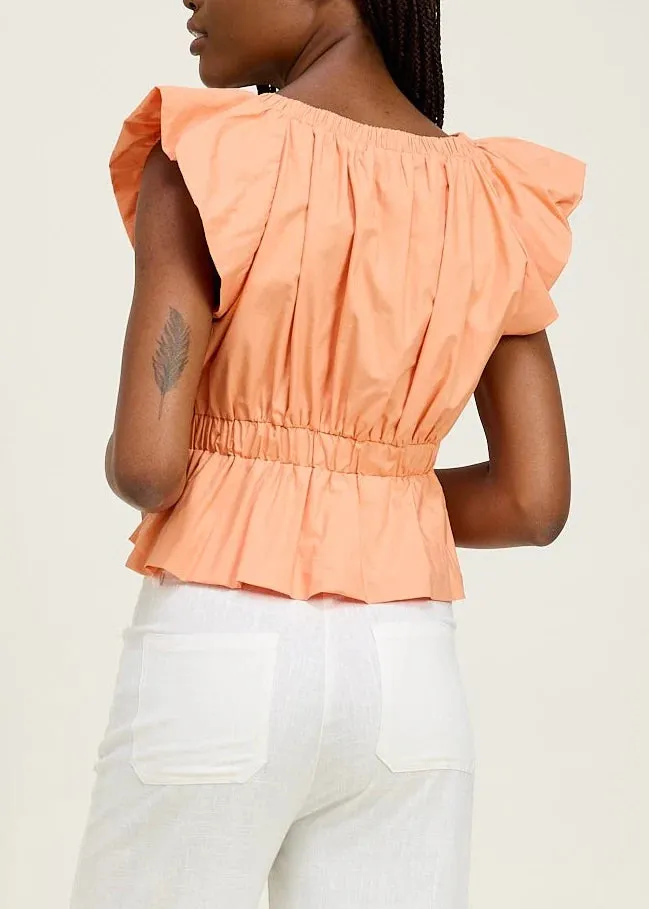 Cotton Poplin Puff Sleeve Blouse (Peach Orange)