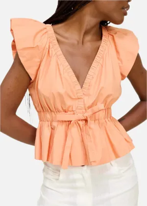 Cotton Poplin Puff Sleeve Blouse (Peach Orange)