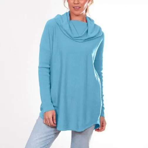 Curved Hem Cowl Pullover - Frosted Blue