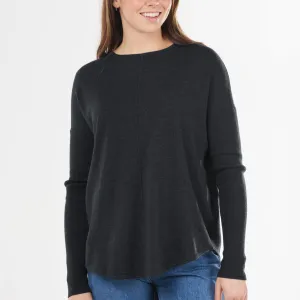 Curved Hem Crew Pullover - Black