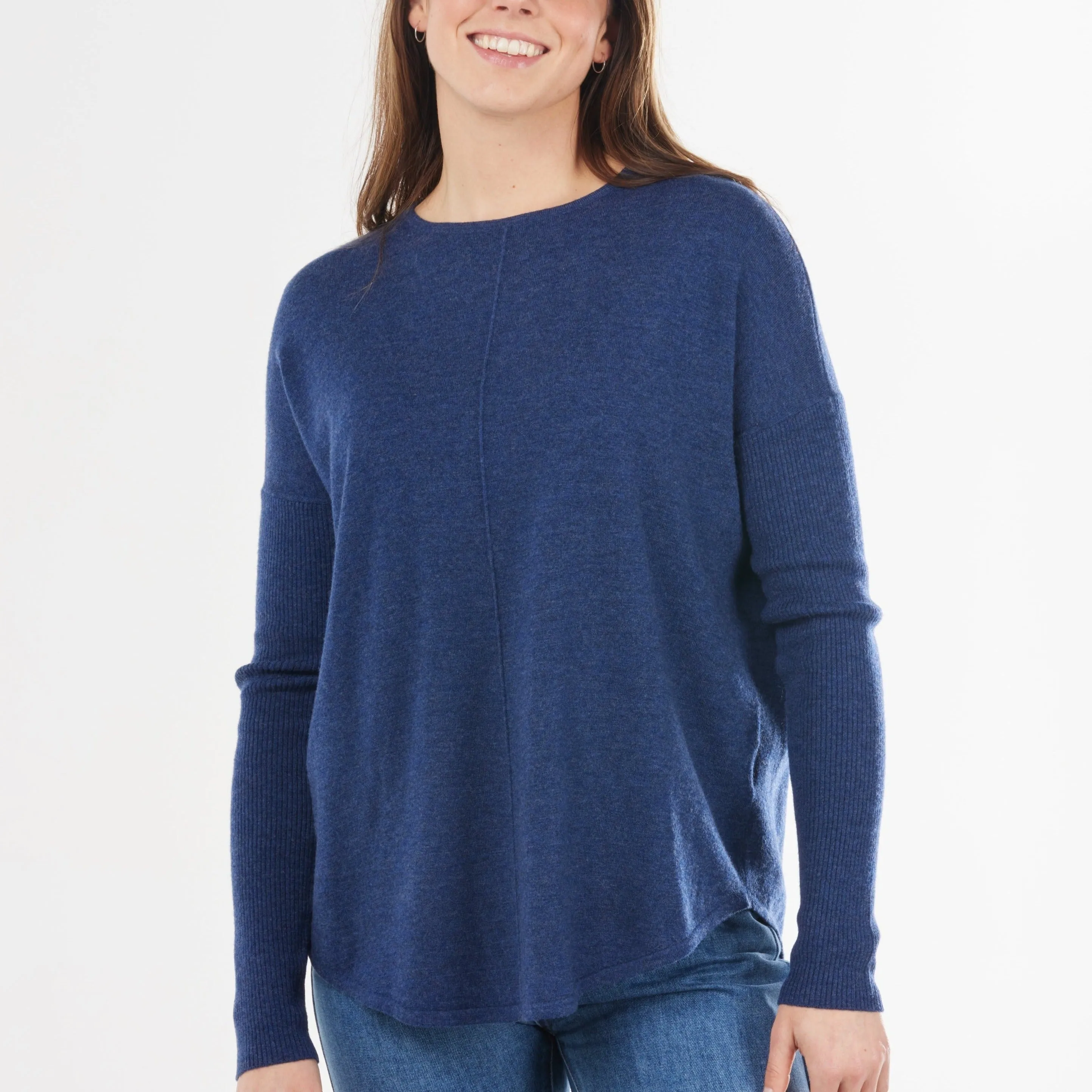 Curved Hem Crew Pullover - Denim