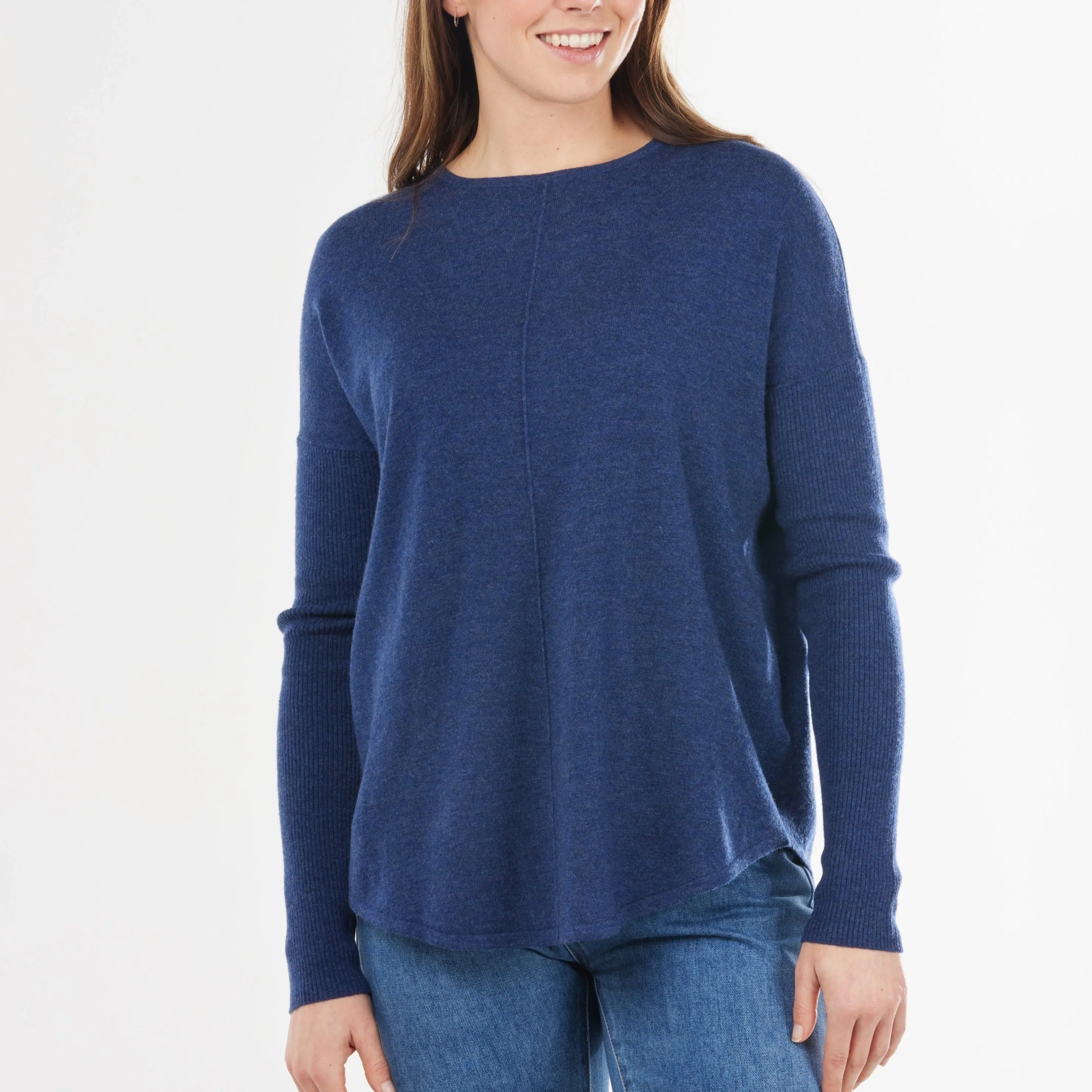 Curved Hem Crew Pullover - Denim