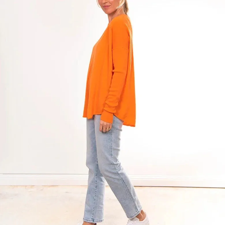 Curved Hem Crew Pullover - Papaya