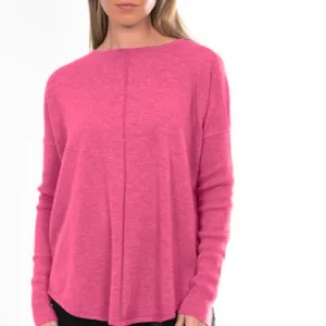 Curved Hem Crew Pullover - Pink Rose