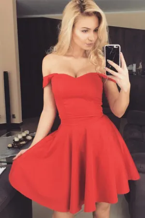 Cute A-Line Off the Shoulder Short Red Satin Homecoming Dresses,Graduation Dresses OKA58