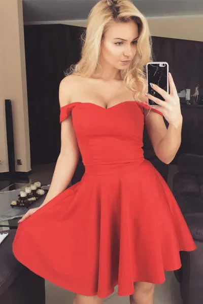 Cute A-Line Off the Shoulder Short Red Satin Homecoming Dresses,Graduation Dresses OKA58