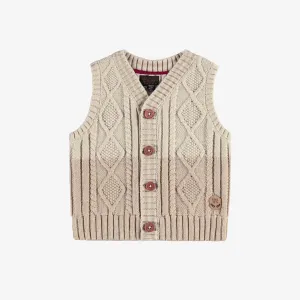 Débardeur beige en tricot torsadé, bébé || Beige cable-knit sleeveless vest, baby