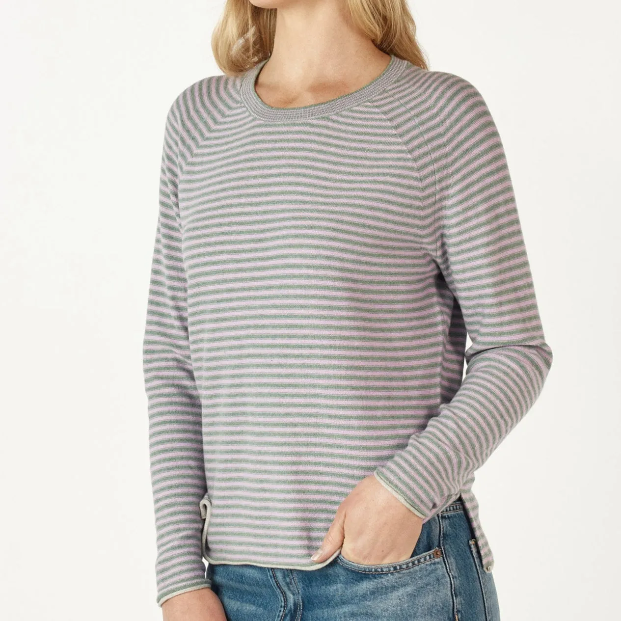 Essential Stripe Crew Jumper - Moss
