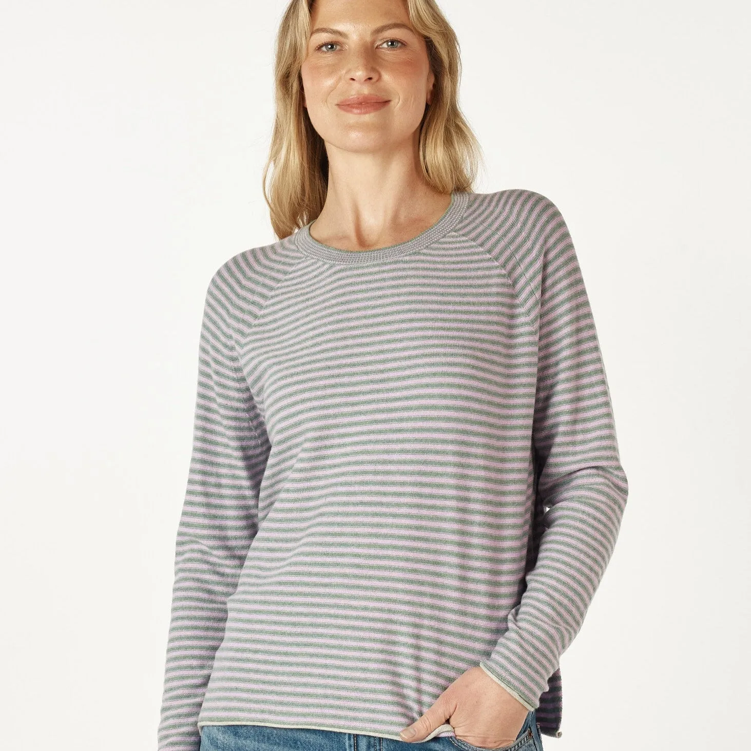 Essential Stripe Crew Jumper - Moss